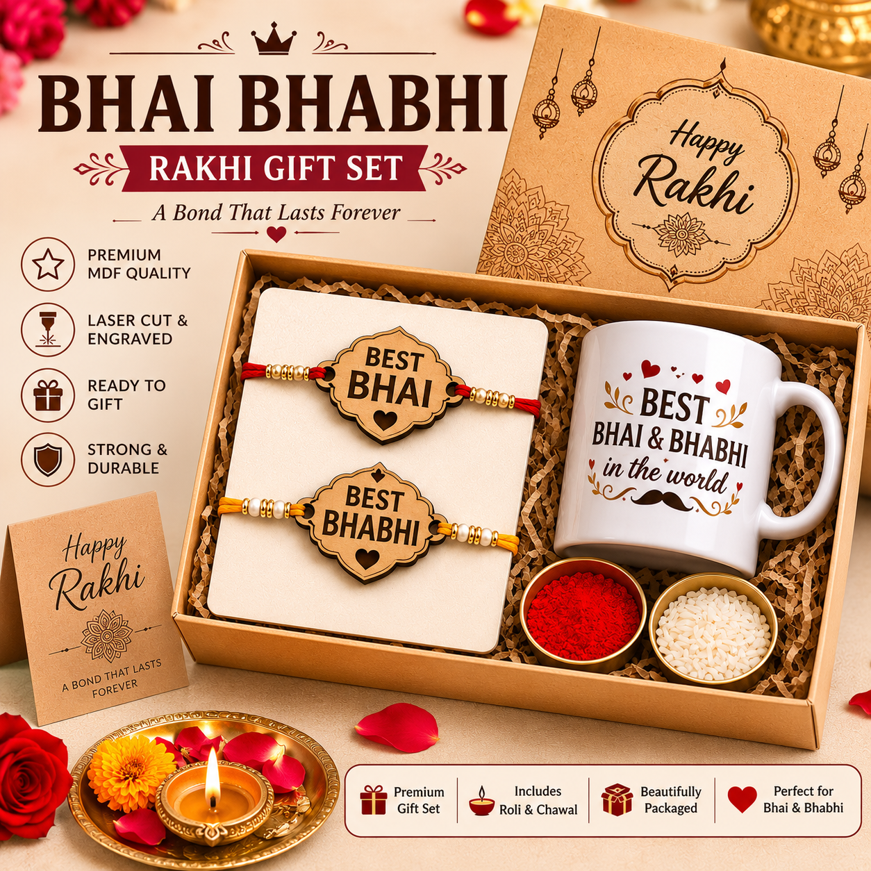 Bhai Bhabhi Rakhi Gift Set with MDF Rakhi Pair, Printed Ceramic Mug, Roli Chawal & Greeting Card | Raksha Bandhan Gift Hamper for Bhaiya Bhabhi