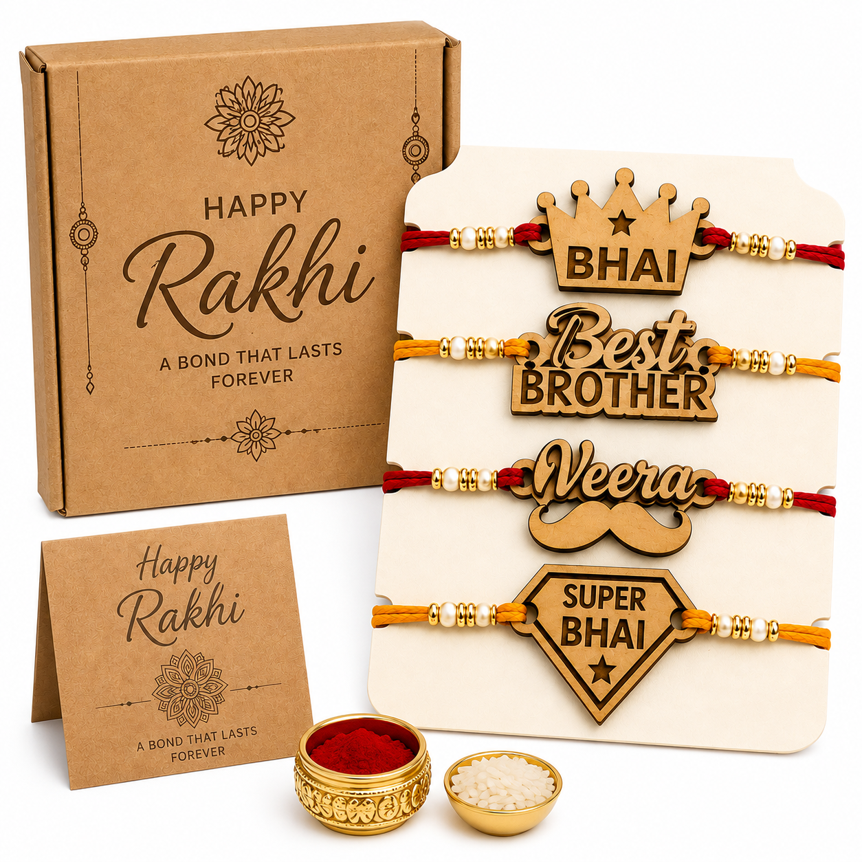 MDF Rakhi Set of 4 for Brother with Roli Chawal| Best Bhai, Best Brother, Veera & Super Bhai Rakhi Combo | Raksha Bandhan Gift Set for Bhai