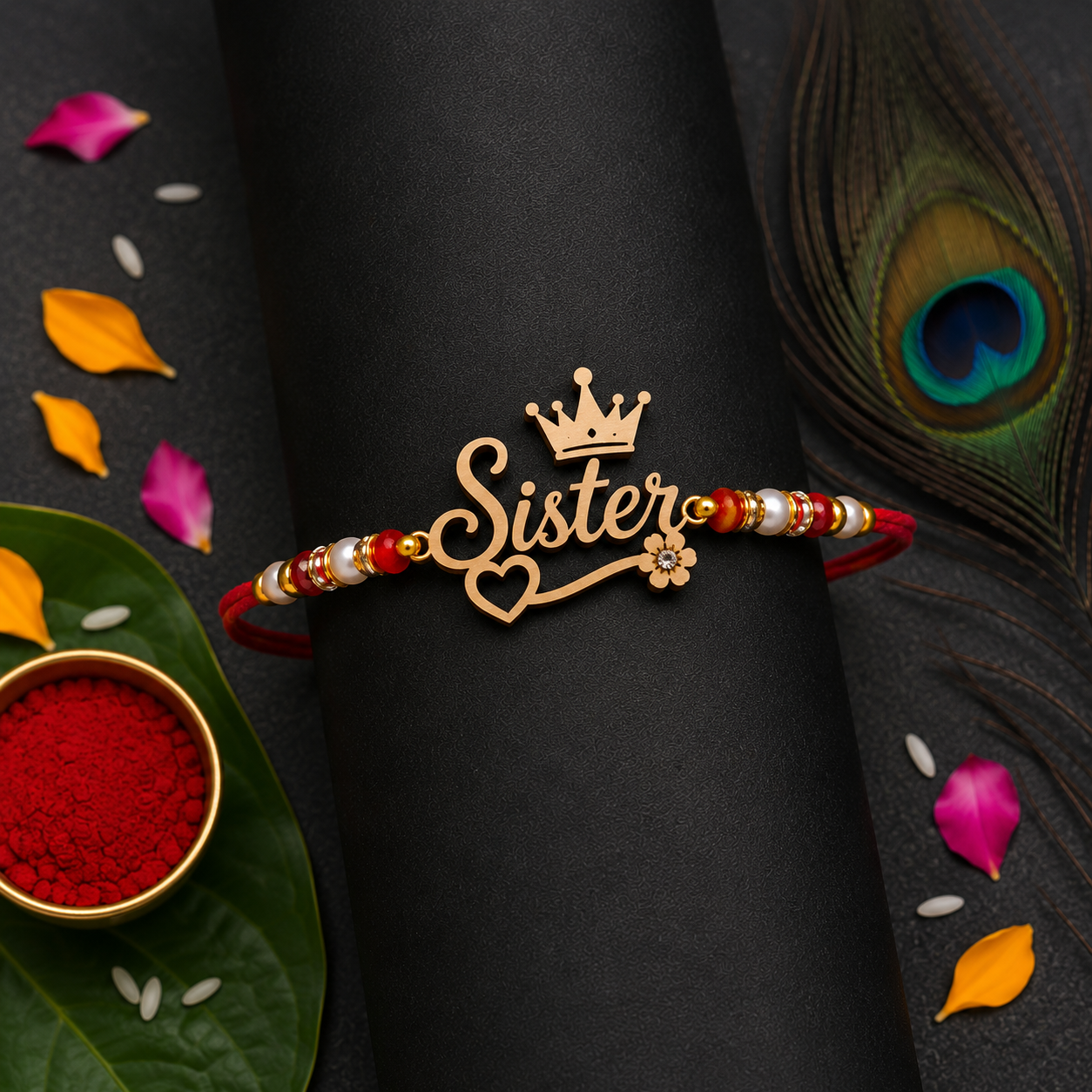 VCARTNOW Sister Rakhi for Raksha Bandhan | Wooden MDF Designer Rakhi with Crown & Heart Design | Red Thread Rakhi with Pearl & Golden Beads for Sister | Stylish Rakhi Gift for Sister