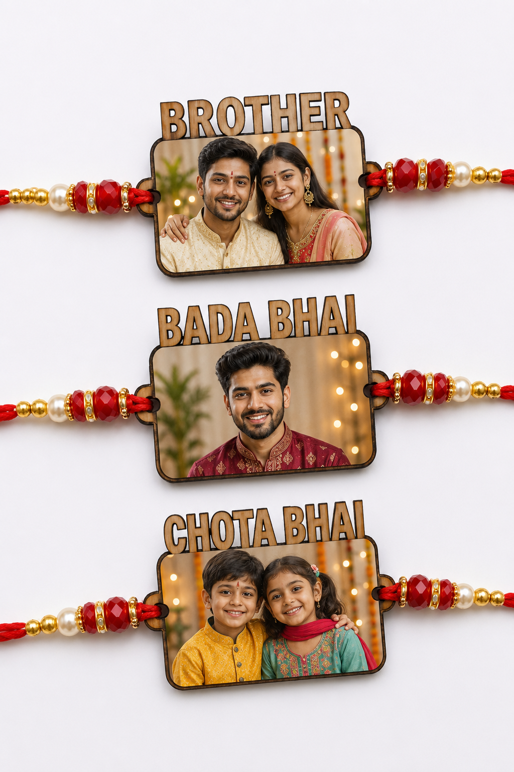 VCARTNOW Personalized Photo Rakhi for Brother | Customized MDF Rakhi with Photo | Brother, Bada Bhai & Chota Bhai Designer Rakhi Set of 3 | Raksha Bandhan Gift for Brothers