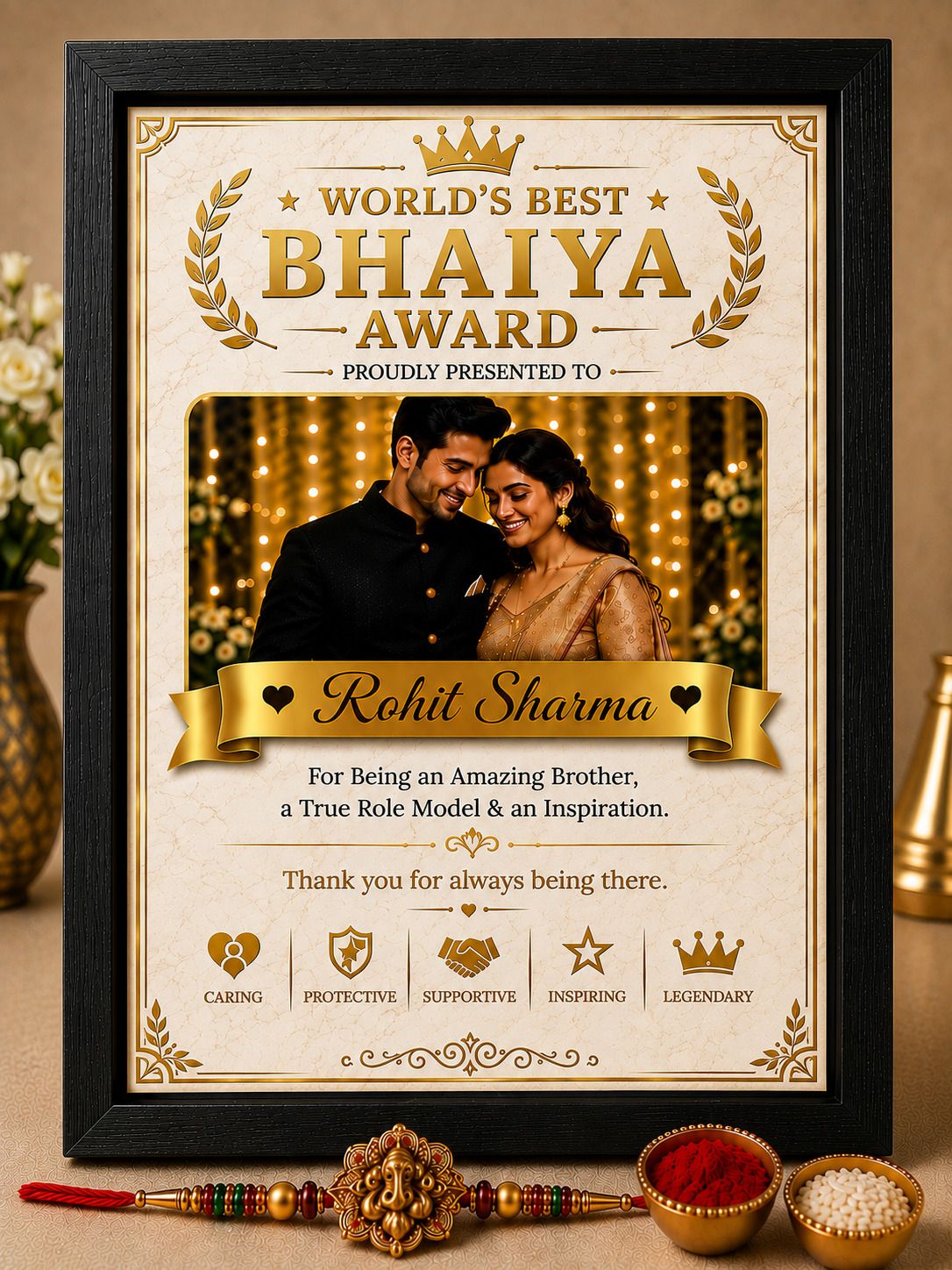 SUNINOW Religious personalised rakhi-c Assorted Photo Frame Set (1 award photo frame, 1 rakhi, roli, chawal)