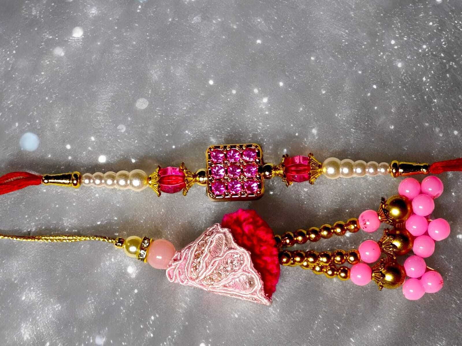 SUNINOW Bhaiya Bhabhi RS-29 Zardosi Rakhi Set (1 rakhi for brother , 1 rakhi for bhabhi)