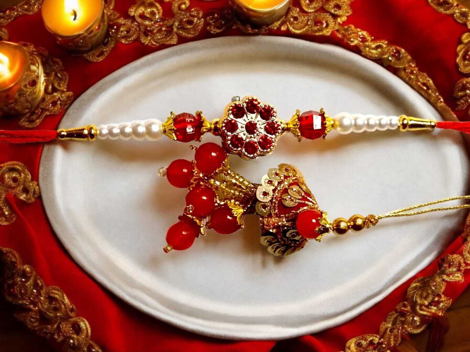 SUNINOW Bhaiya Bhabhi RS-30 Zardosi Rakhi Set (1 rakhi for brother , 1 rakhi for bhabhi)
