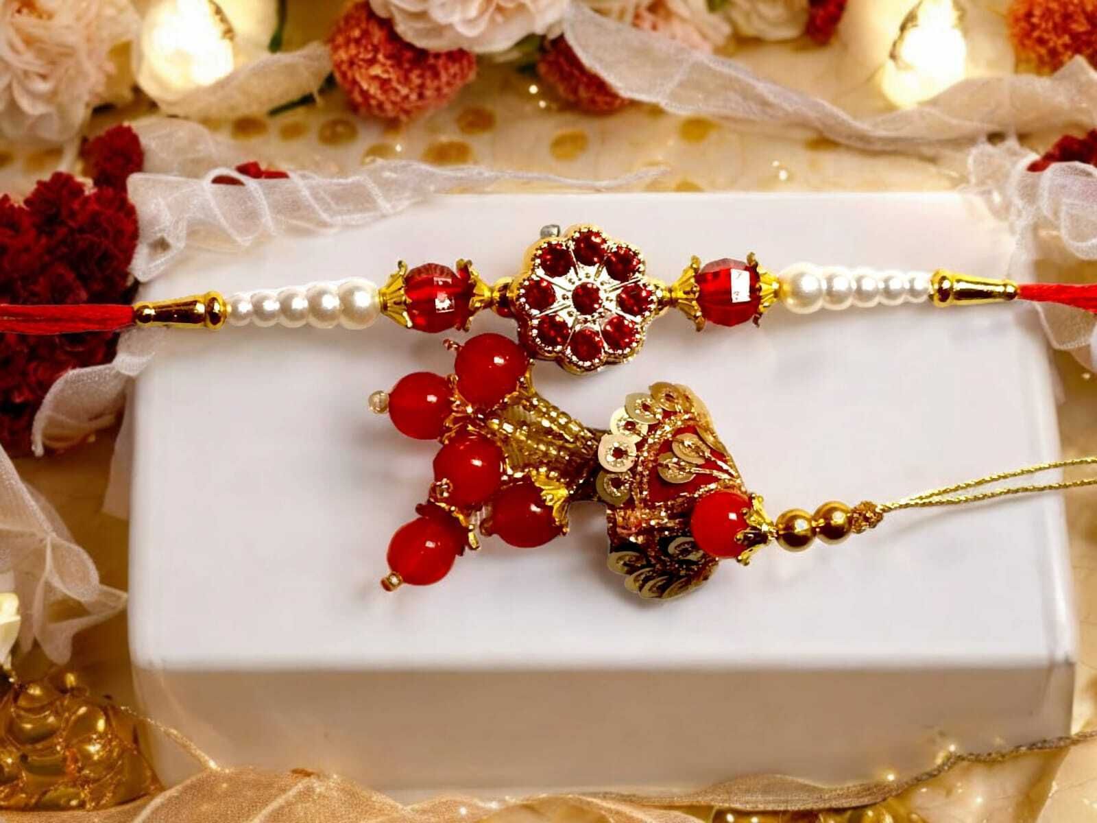 SUNINOW Bhaiya Bhabhi RS-30 Zardosi Rakhi Set (1 rakhi for brother , 1 rakhi for bhabhi)