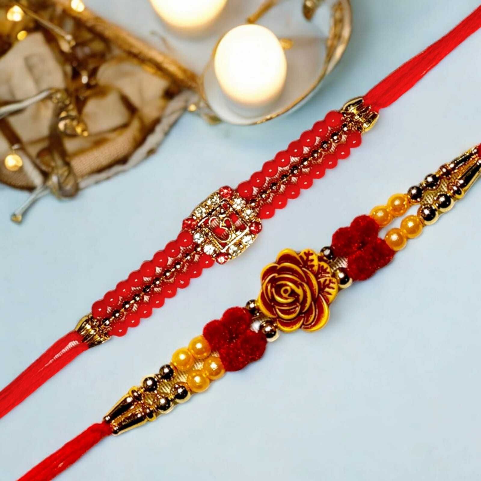 SUNINOW Bhaiya Bhabhi RS-18 Zardosi Rakhi Set (1 rakhi for brother , 1 rakhi for bhabhi)