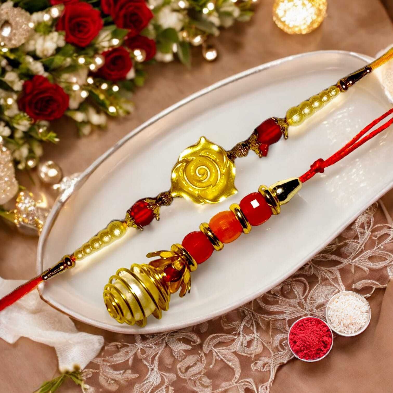 SUNINOW Bhaiya Bhabhi RS-02 Zardosi Rakhi Set (1 rakhi for brother , 1 rakhi for bhabhi)