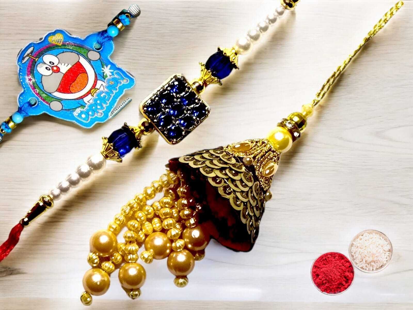 SUNINOW Bhaiya Bhabhi bbk-19 Pearl Rakhi Set (1 rakhi for brother ; 1 rakhi for bhabhi ; 1 rakhi for kids)