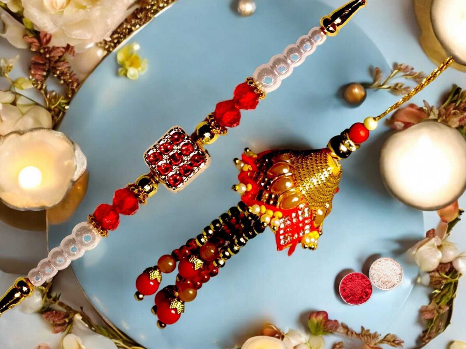 SUNINOW Bhaiya Bhabhi RS-26 Zardosi Rakhi Set (1 rakhi for brother , 1 rakhi for bhabhi)