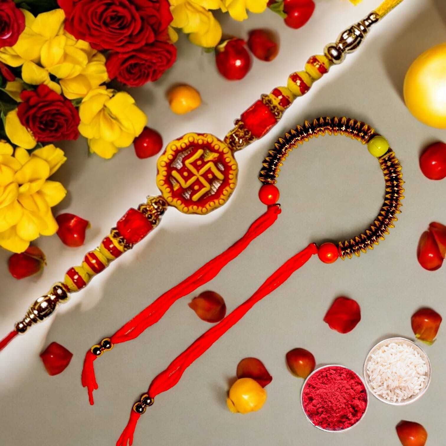SUNINOW Bhaiya Bhabhi RS-04-K Zardosi Rakhi Set (1 rakhi for brother , 1 rakhi for bhabhi)