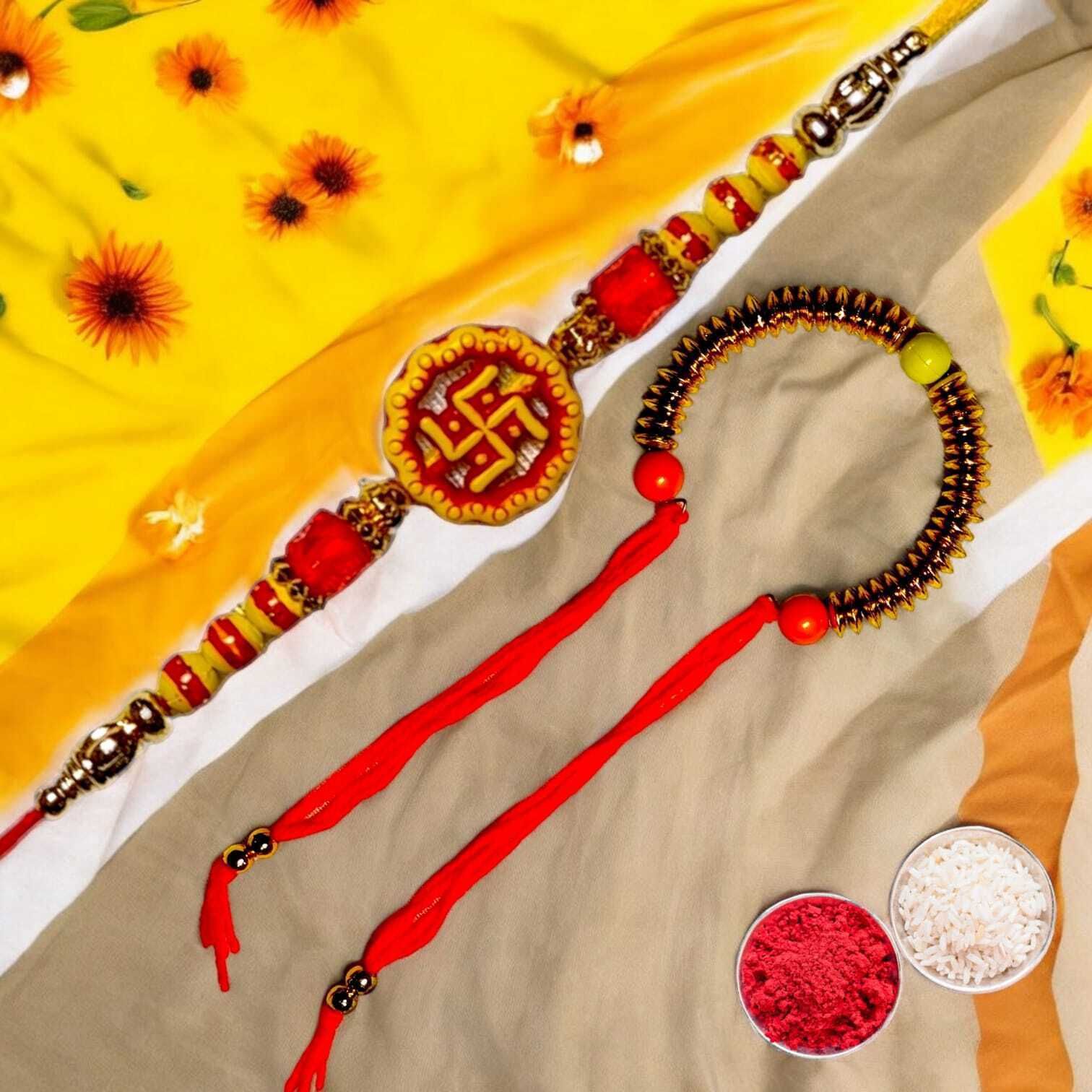 SUNINOW Bhaiya Bhabhi RS-04-K Zardosi Rakhi Set (1 rakhi for brother , 1 rakhi for bhabhi)