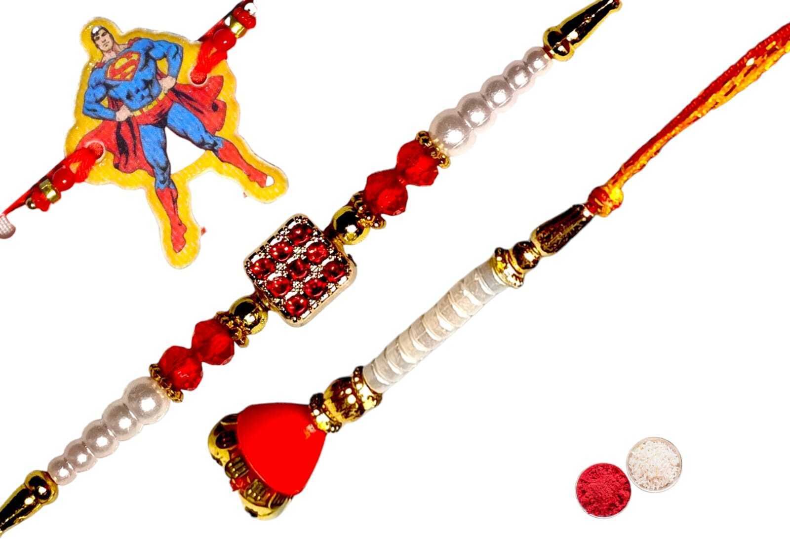 SUNINOW Bhaiya Bhabhi bbk-18 Pearl Rakhi Set (1 rakhi for brother ; 1 rakhi for bhabhi ; 1 rakhi for kids)