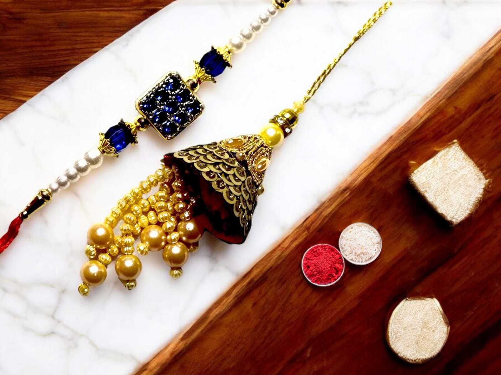 SUNINOW Bhaiya Bhabhi RS-28 Zardosi Rakhi Set (1 rakhi for brother , 1 rakhi for bhabhi)