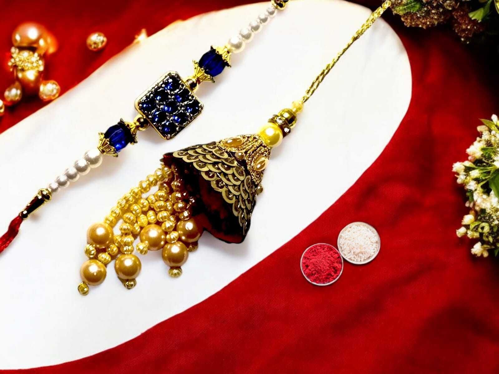 SUNINOW Bhaiya Bhabhi RS-28 Zardosi Rakhi Set (1 rakhi for brother , 1 rakhi for bhabhi)