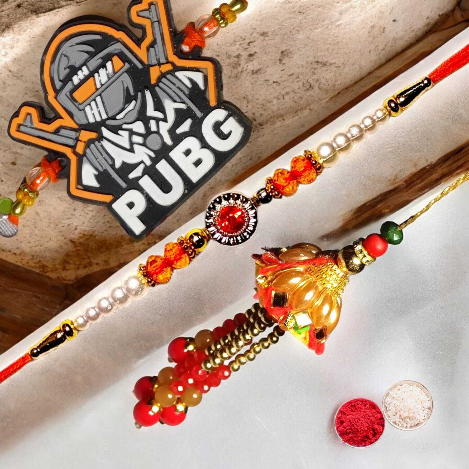 SUNINOW Bhaiya Bhabhi bbk-pu-ja-lu-04 Pearl Rakhi Set (1 rakhi for brother ; 1 rakhi for bhabhi ; 1 rakhi for kids)