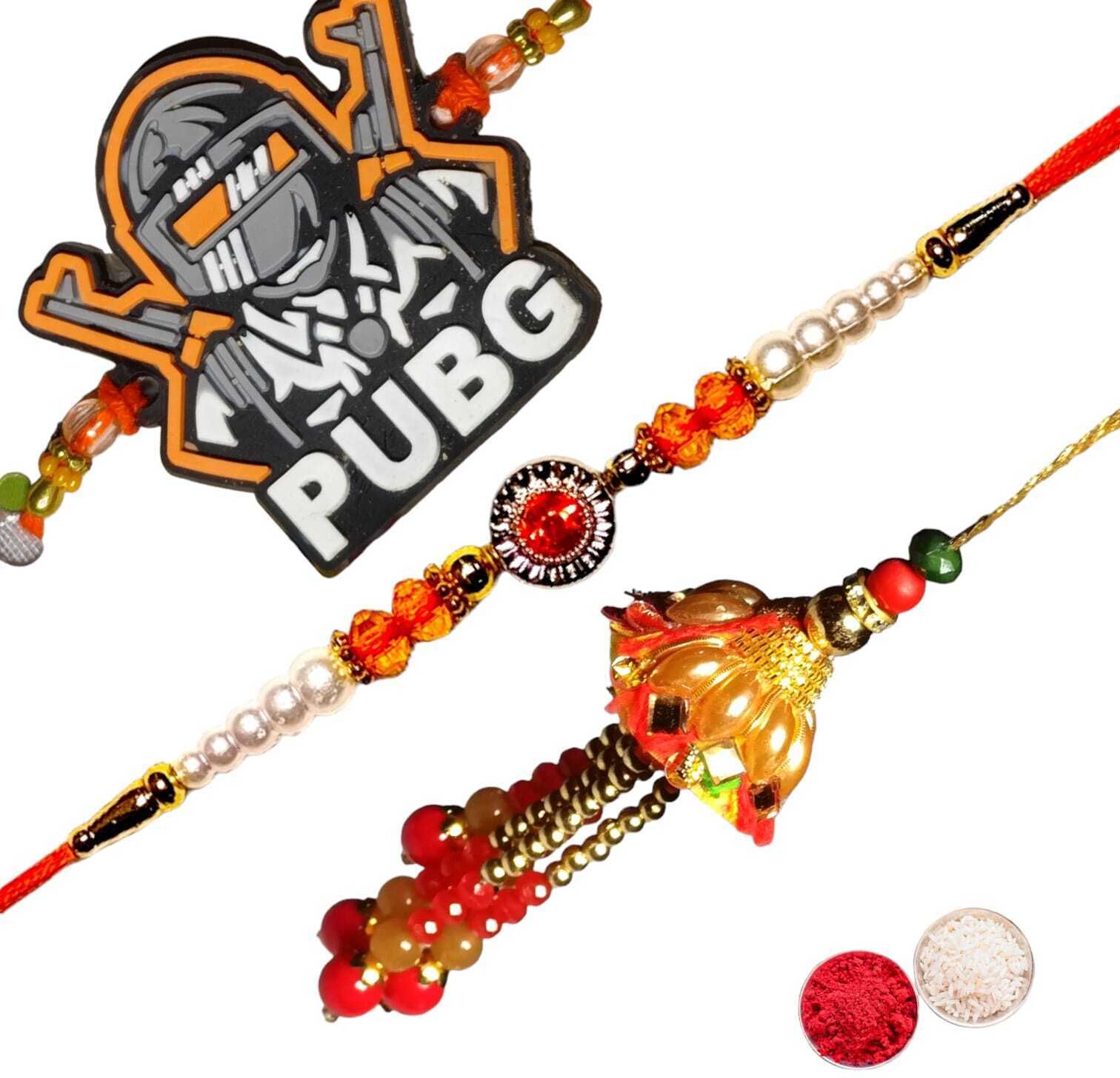 SUNINOW Bhaiya Bhabhi bbk-pu-ja-lu-04 Pearl Rakhi Set (1 rakhi for brother ; 1 rakhi for bhabhi ; 1 rakhi for kids)