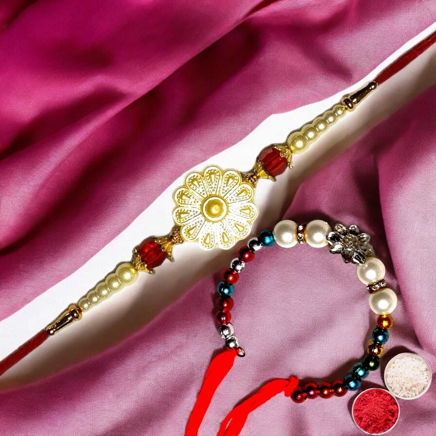 SUNINOW Bhaiya Bhabhi RS-06-K Zardosi Rakhi Set (1 rakhi for brother , 1 rakhi for bhabhi)