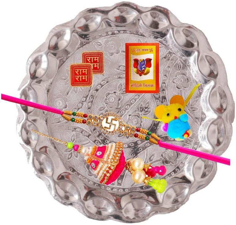SUNINOW Bhaiya Bhabhi SNTHALI020 Assorted Rakhi Set (1RAKHI SET,ROLI CHAWAL ,RAM RAM,THALI)